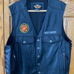 Genuine Harley-Davidson Black Leather Vest with Marine Corps Patch